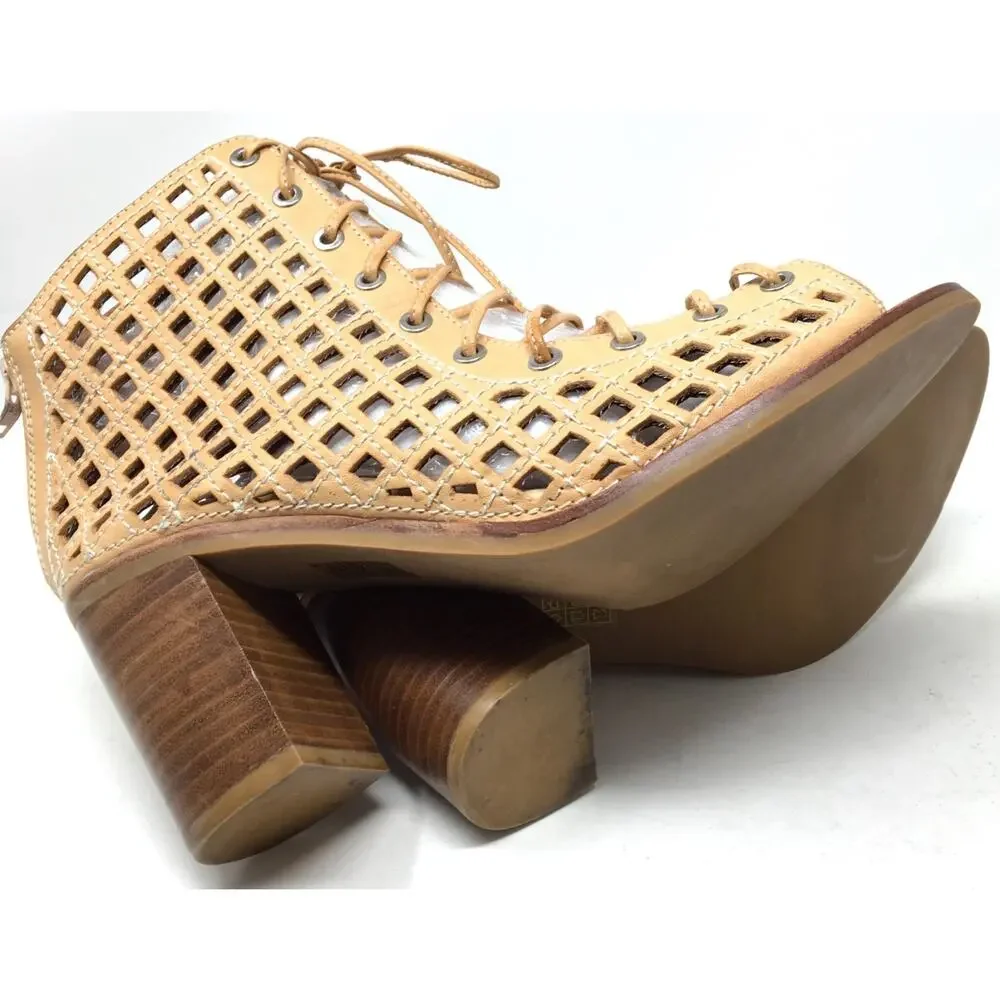 Jeffrey Campbell Cors 2 Size 10 Tan Leather Lace Up Block Heel Open Booties